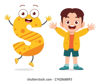 happy cute little kid studies alphabet letter S character