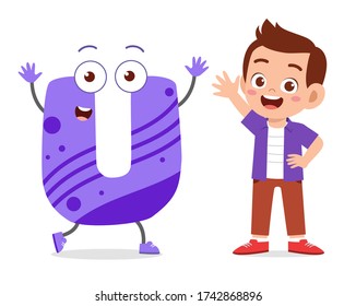 happy cute little kid studies alphabet letter U character