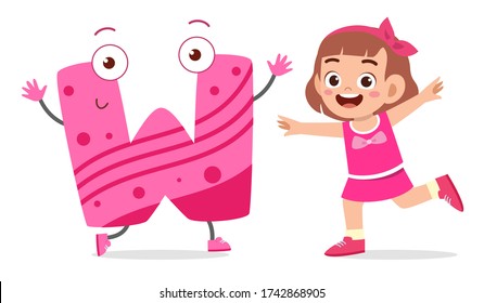 happy cute little kid studies alphabet letter W character