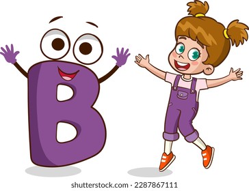 happy cute little kid studies alphabet letter B character.preschool alphabet teaching image