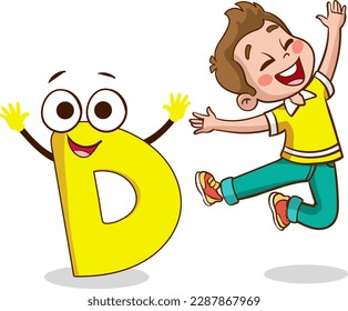 happy cute little kid studies alphabet letter D character.preschool alphabet teaching image