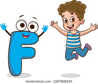 happy cute little kid studies alphabet letter F character