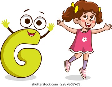 happy cute little kid studies alphabet letter G character