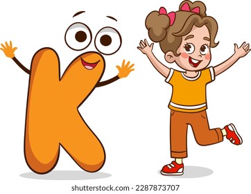 happy cute little kid studies alphabet letter K character