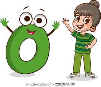happy cute little kid studies alphabet letter O character