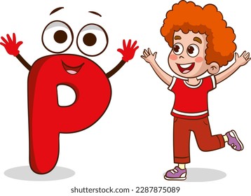 happy cute little kid studies alphabet letter P character