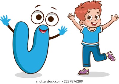 happy cute little kid studies alphabet letter U character