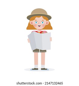 Happy cute little kid wear boy scout honor uniform, children girl scout cartoon flat character isolated vector illustration on white background