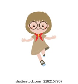 Happy cute little kid wear scout honor uniform, children girl scout cartoon flat character isolated vector illustration on white background
