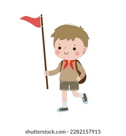 Feliz lindo niño pequeño usa uniforme de honor de scout, niña scout caricatura de personaje plano ilustración vectorial aislada en fondo blanco