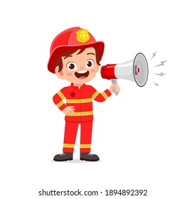 happy cute little kid wearing firefighter uniform and holding megaphone