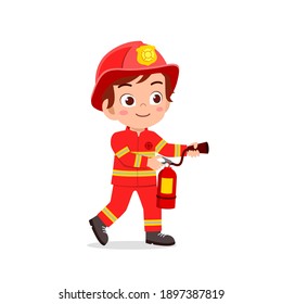 happy cute little kid wearing firefighter uniform and holding fire extinguisher