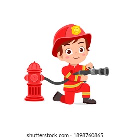 happy cute little kid wearing firefighter uniform and holding hose