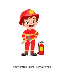 happy cute little kid wearing firefighter uniform and holding axe