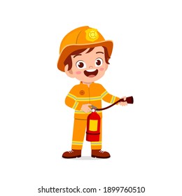 happy cute little kid wearing firefighter uniform and holding fire extinguisher