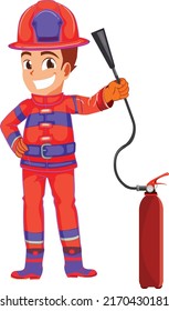 happy cute little kid wearing firefighter uniform and holding axe