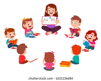 happy cute little kids boy and girl study with teacher