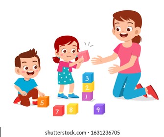 happy cute little kids boy and girl study with teacher