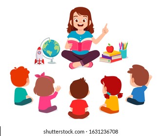 happy cute little kids boy and girl study with teacher