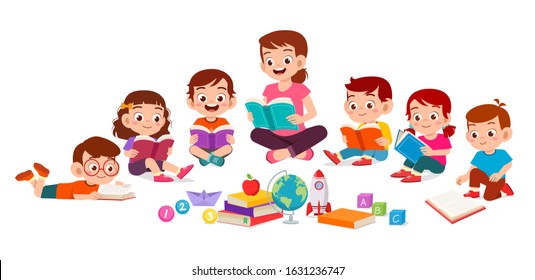 happy cute little kids boy and girl study with teacher