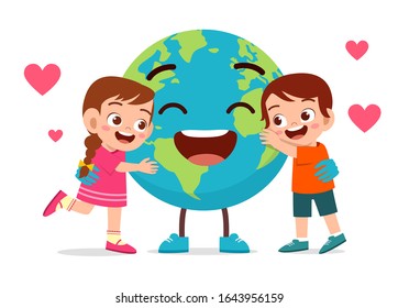 Happy Cute Little Kids Boy And Girl Love Earth