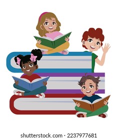 happy cute little kids boy and girl read book.