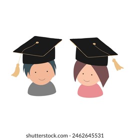 Happy cute little kids graduate from preschool. Smiling kindergarten boy and girl in graduate hats. Vector icon