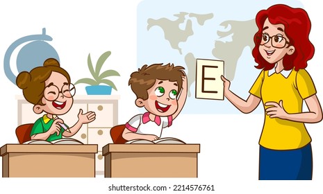 happy cute little kids study with teacher