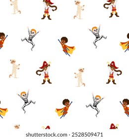 Happy cute little kids wearing Halloween costumes seamless pattern. Mummy, superhero, pirate, skeleton children in a masquerade outfits. Hand drawn vector cartoon ornament for print, wrapping, apparel
