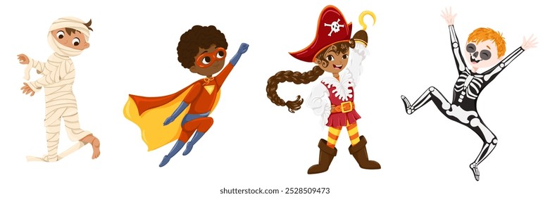 Crianças bonitas e felizes vestindo trajes de Halloween. Mamãe, super-herói, pirata, crianças esqueleto em um disfarce de máscaras. Desenho desenhado à mão design de personagem de desenho animado vetor para adesivo, impressão, web