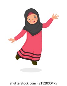 happy cute little muslim girl jumping celebrating ramadhan