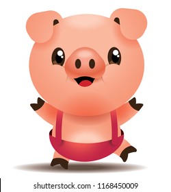 Happy cute little pig character with pink dungarees - Vector isolated