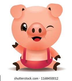 Happy cute little pig character waving hand - vector character isolated.