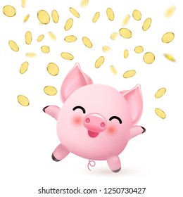 Happy cute little pink pig with golden money rain. Richness concept. 2019 Chinese New Year symbol. Vector illustration.