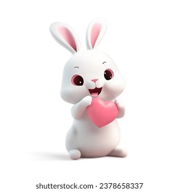 Happy cute little rabbit with pink heart 3d icon Easter Valentines realistic vector illustration