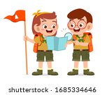 happy cute little scout boy and girl do exploring