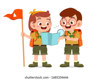 happy cute little scout boy and girl do exploring