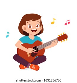 happy cute little teen girl play guitar