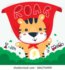 Happy cute little tiger cartoon wearing red cloak on white background illustration vector.