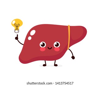 Happy cute liver with light bulb character.Vector kawaii flat style illustration icon design.Isolated on white background.Healthy liver have idea face,kids,children illsutration character logo concept