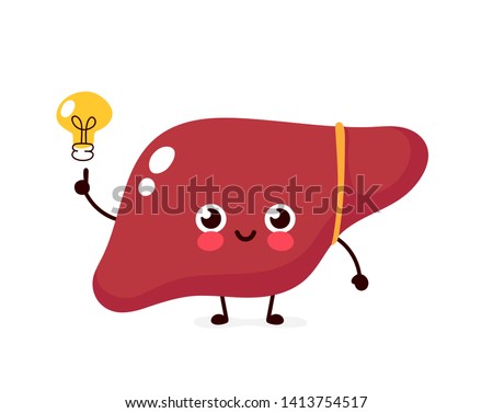 Happy cute liver with light bulb character.Vector kawaii flat style illustration icon design.Isolated on white background.Healthy liver have idea face,kids,children illsutration character logo concept