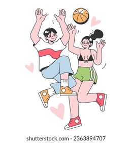 Amantes lindos felices, pareja joven jugando voleibol en la playa. Estilo de vida activo y ocio de verano. Hombre y mujer tirando una pelota juntos. Ilustración vectorial plana