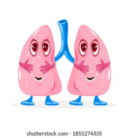 Happy cute lungs smiling. Vector organ with eyes, legs and hands. Body and health system. Lungs therapy, respiratory and pulmonology idea. Isolated on white background