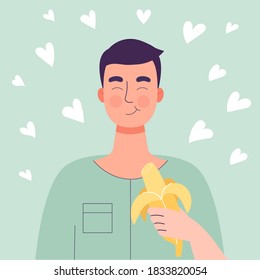 Happy Cute man eating banana. Healthy food concept, healthy snack. Fruits, vitamins for health. Flat vector isolated illustration on white background