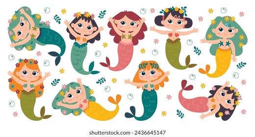 Happy cute mermaids cartoon characters with flowers in hair, floral wreath on head isolated set on white background. Childish fantasy underwater marine siren with long tail vector illustration