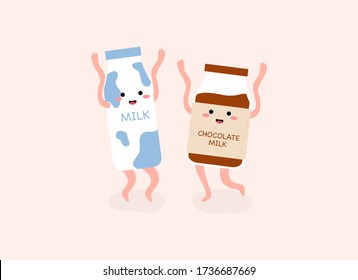 Happy cute milk and chocolate milk cartoon character hand drawn. Kawaii milk. World milk day concept.