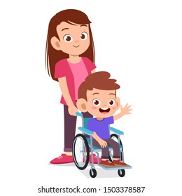 happy cute mom and kid on wheelchair