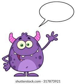 Happy Cute Monster Cartoon Character Waving With Speech Bubble. Vector Illustration Isolated On White