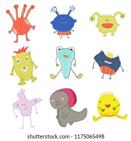 Happy cute monsters whimsical illustration for print, t-shirt, stickers