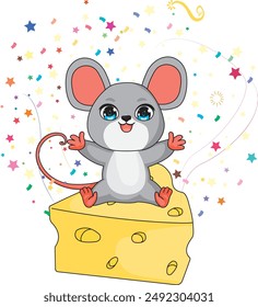 Happy cute mouse on cheese celebration